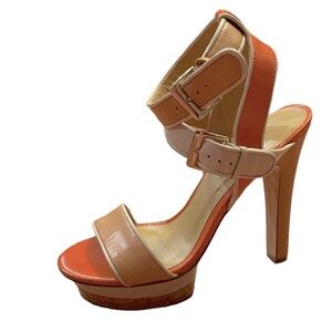 Nine West Women’s orange and tan strap cork heel platform open toe heels size 8